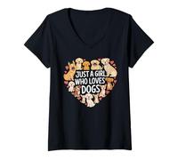 Donna Design carino cucciolo ragazza amante dei cani Maglietta con Collo a V