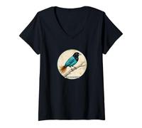 Donna Design colorato con Uccellini Blu retrò del Paradiso Maglietta con Collo a V