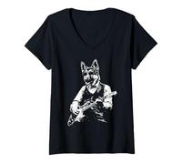 Donna Design con Cane Pastore Tedesco Che Suona la Chitarra Maglietta con Collo a V