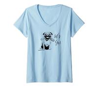 Donna Design con Carlino Let's Go! - Happy Pug Design Maglietta con Collo a V