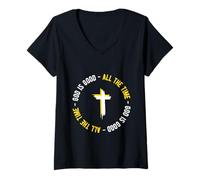 Donna Design con Croce Cristiana con Scritta in Lingua Inglese God Is Good all The Time Maglietta con Collo a V