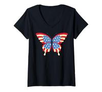 Donna Design con farfalla patriottica con bandiera americana Maglietta con Collo a V