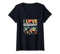 Donna Design con Mappa del Mondo I Love Geography Maglietta con Collo a V