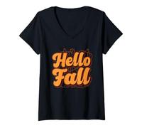 Donna Design con scritta Hello Fall Pumpkin Maglietta con Collo a V