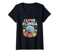 Donna Design con scritta «I love Florida Manatee Hibiscus» Maglietta con Collo a V