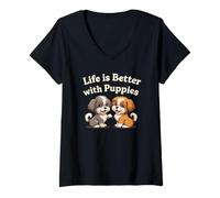 Donna Design con Scritta Life Is Better with Puppies per Amanti dei Cani Maglietta con Collo a V