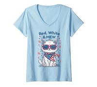 Donna Design con simpatico gatto patriottico rosso bianco e Mew Maglietta con Collo a V