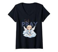 Donna Design Cristiano con Scritta Time to Pray Angel Cloud Maglietta con Collo a V