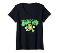 Donna Design crittografico del cartone animato di Bitcoin Hustle Gang Maglietta con Collo a V