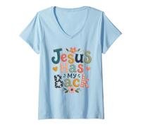 Donna Design Cucito con Scritta Jesus Has My Back Maglietta con Collo a V