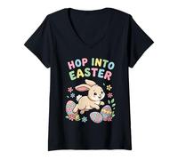 Donna Design del Cartone Animato Hop Into Easter Bunny Maglietta con Collo a V