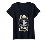 Donna Design del Custode dello Zodiaco felino Maglietta con Collo a V
