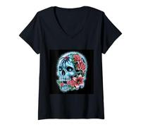 Donna Design della testa mortale con tarantola, rose e lillien Maglietta con Collo a V