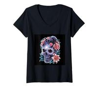 Donna Design della testa mortale con tarantola, rose e lillien Maglietta con Collo a V
