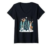 Donna Design di Natale con Gli Animali della Foresta Sull'albero Maglietta con Collo a V