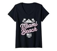 Donna Design di Viaggio in Città con Palme di Miami Beach Maglietta con Collo a V