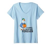 Donna Design Divertente in Flanella, con Zucca, con Scritta Fall Goose Holding Pumpkin Maglietta con Collo a V