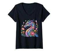 Donna Design Dragon Lover per Fan Fantasy e Drago Maglietta con Collo a V