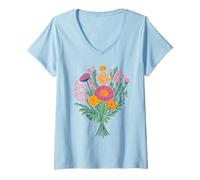 Donna Design Floreale con Bouquet di Fiori Selvatici vibranti Maglietta con Collo a V