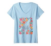 Donna Design Floreale delle Mani Unite per Celebrar L'Amore Maglietta con Collo a V