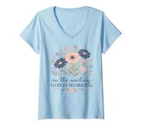 Donna Design Floreale Motivazionale: Dio Sta lavorando Maglietta con Collo a V