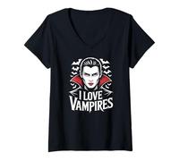 Donna Design Gotico di Halloween con Scritta «I Love Vampires» Maglietta con Collo a V