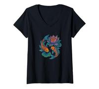 Donna Design Ispirato alla Natura Zen con Fiori di Loto e Koi Maglietta con Collo a V