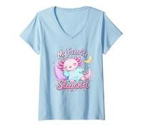 Donna Design Kawaii Axolotl con Luna addormentata e Stelle Maglietta con Collo a V