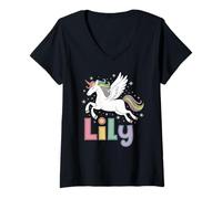 Donna Design magico per nome ragazza unicorno giglio Maglietta con Collo a V