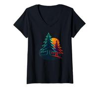 Donna Design minimalista della linea dell'albero del tramonto della foresta Maglietta con Collo a V