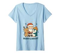 Donna Design Natalizio con Babbo Natale, Pinguino, Renna Maglietta con Collo a V