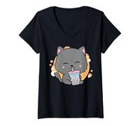 Donna Design Neko Kawaii con Gatto Boba Anime Bubble Tea Maglietta con Collo a V