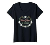 Donna Design Pasquale Cristiana con Scritta Blessed Mama He Is Risen Maglietta con Collo a V