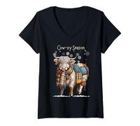 Donna Design Patchwork Invernale Scozzese Highland Cow-ZY Maglietta con Collo a V
