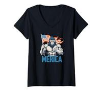 Donna Design patriottico Bigfoot divertente USA Sasquatch con bandiera Maglietta con Collo a V