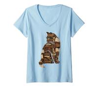 Donna Design per Amanti dei Libri, sagoma di Gatto, Lettura e Amanti dei Gatti Maglietta con Collo a V