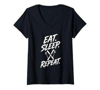 Donna Design per Sport Invernali Eat Sleep Ski Repeat Maglietta con Collo a V