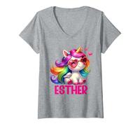 Donna Design Personalizzato con Nome Ester Unicorno Maglietta con Collo a V