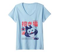 Donna Design retrò con Gatto Portafortuna Giapponese Maglietta con Collo a V