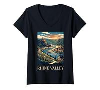 Donna Design retrò da Viaggio con Castello della Valle del Reno Germania Maglietta con Collo a V