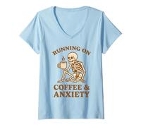 Donna Design retrò divertente con scheletro "Running On Coffee & Anxiety" Maglietta con Collo a V