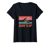 Donna Design retrò Surfs Up, tavola da surf e Ocean Beach Vibes Maglietta con Collo a V