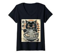 Donna Design Standard Love Ramen con Un Gatto Maglietta con Collo a V