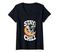 Donna Design Stay Chill Skeleton On Moon Smoking Design Maglietta con Collo a V