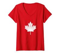 Donna Design vintage con foglie d'acero canadesi, stile retrò invecchiato Maglietta con Collo a V