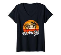 Donna Design Vintage da Viaggio con Palme e Tramonto Koh Phi Phi Maglietta con Collo a V