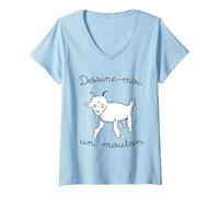 Donna Dessine-Moi Un Mouton Pecora Carino Illustrazione Maglietta con Collo a V, Celeste, L