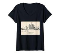 Donna Detroit, Michigan, Vendemmia, Orizzonte, Maglietta con Collo a V