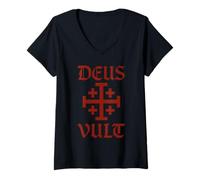 Donna Deus Vult - Gerusalem Cross - Reno di Gerusalemme Maglietta con Collo a V