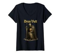 Donna Deus Vult - Guerriero cattolico di Cristo - Temple Crust Maglietta con Collo a V